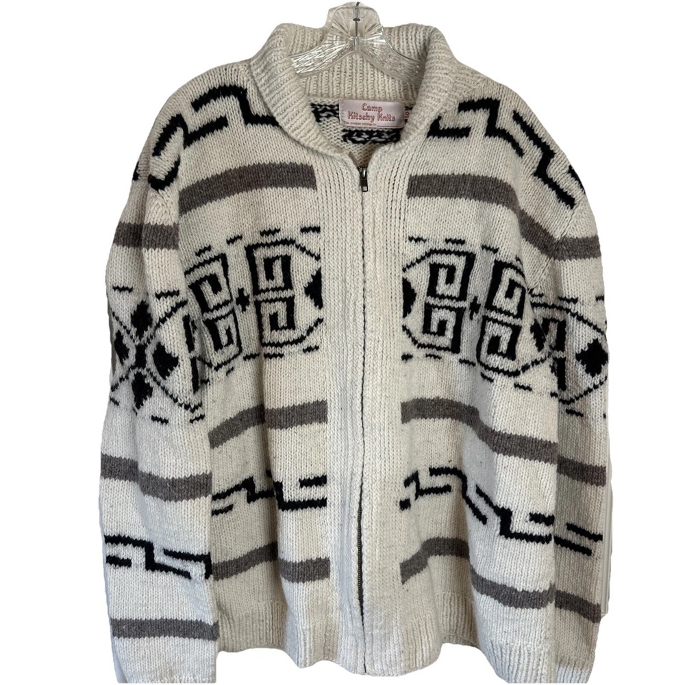 Camp Kitschy Kits‎ 100% Wool Cardigan Ivory Blk Brwn Ranch Outdoor Gentlemen 50